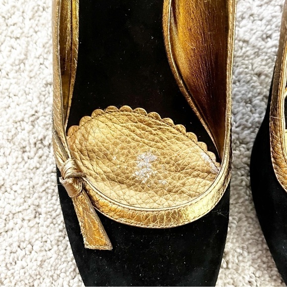 Enzo Angiolini Black Suede Leather Slingback Heels Sz 9.5 Pump Gold Metallic Bow - Picture 2 of 10